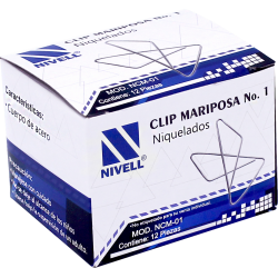 ▪ Clip mariposa del no. 1 (60mm) acero niquelado resistente al rompimiento para 150 hojas, caja con 12 piezas.