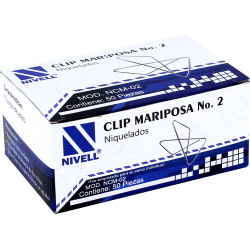▪ Clip mariposa del no. 2 (41mm) acero niquelado resistente al rompimiento para 100 hojas, caja con 50 piezas.
